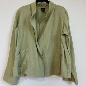 Eileen Fisher Y2K sage green linen open front long sleeve Lagenlook blazer Sz PL